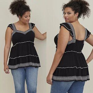 Torrid Womens NWT Black Baby Doll Crinkle Gauze Embroidered Tiered Top Blouse 3X